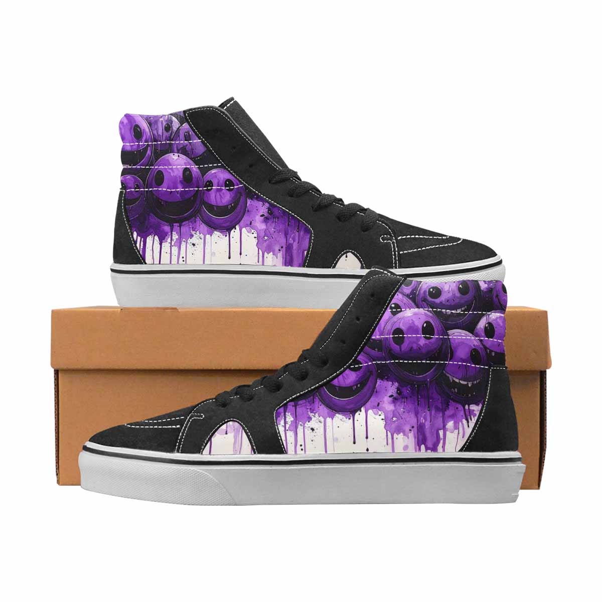 WOMEN'S Smiley Face Black & Purple Ink High Top Canvas Artist-designed Melting Art Handmade Custom Shoes