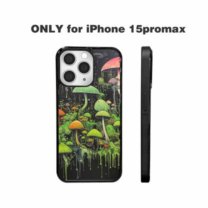iPhone 15 Pro Max Case — Rainbow Drip Mushrooms Black Green Ink, Unique Phone Case Design