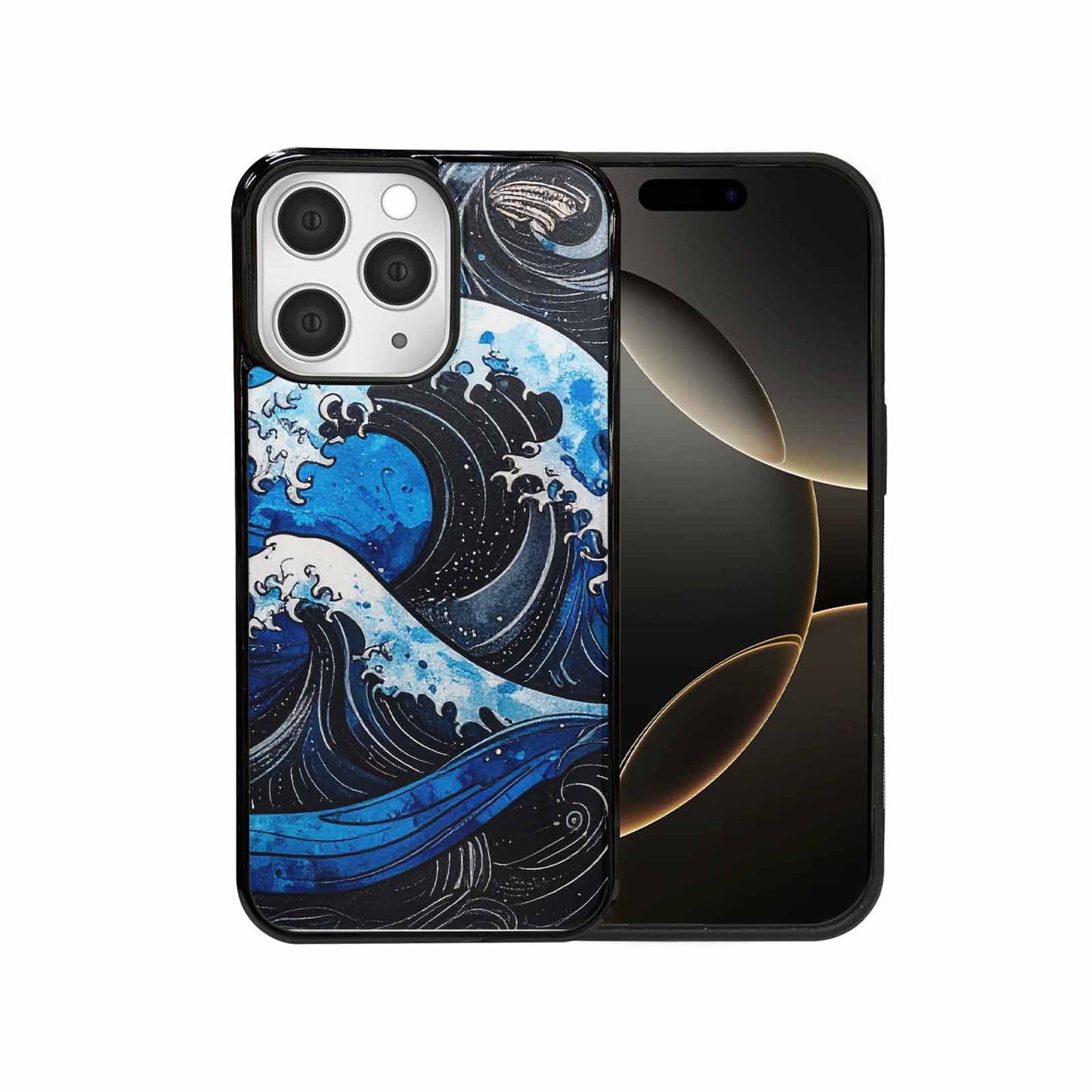 iPhone 15 Pro Max Case — Nautical Wave Black Blue Ink Wave, Original Design Phone Case