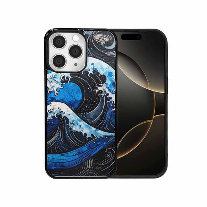 iPhone 15 Pro Max Case — Nautical Wave Black Blue Ink Wave, Original Design Phone Case