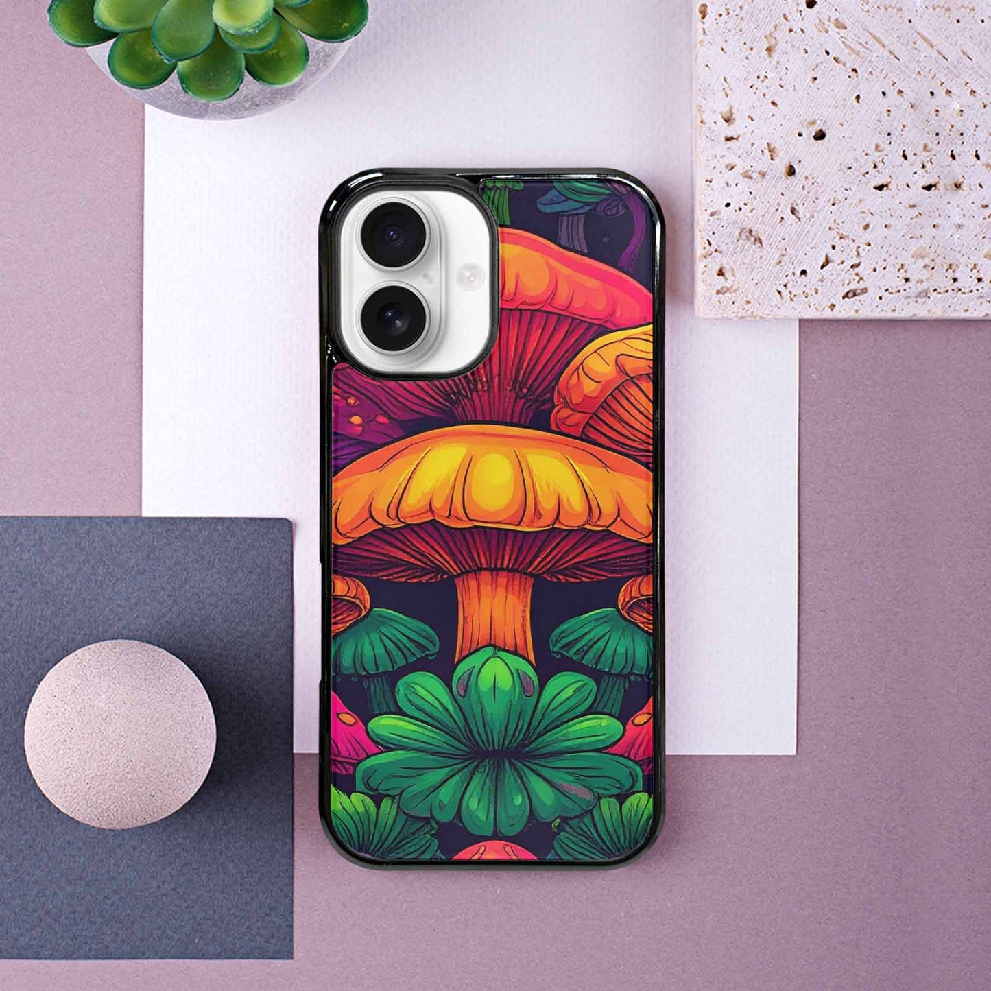 iPhone 16 Case — Psychedelic Mushroom Cartoon Pattern, Customized Protective Case