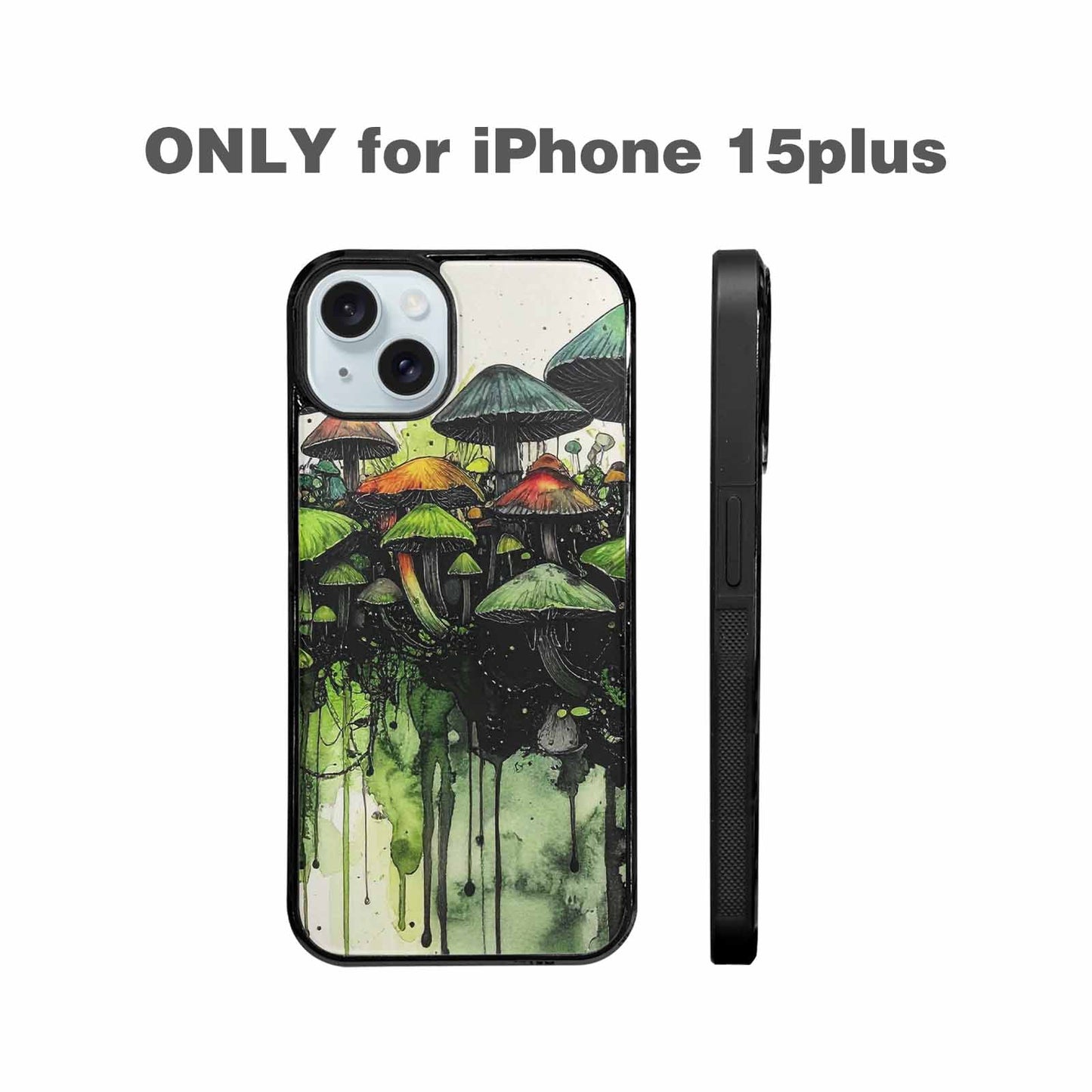 iPhone 15 Plus Case — Rainbow Drip Mushrooms Black Green Ink, Custom Made Phone Cover