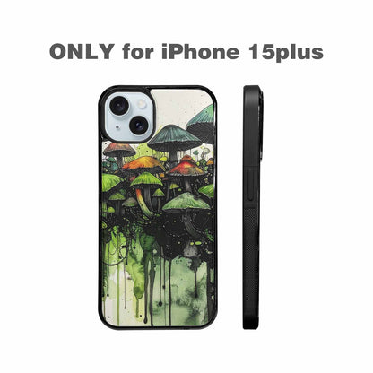 iPhone 15 Plus Case — Rainbow Drip Mushrooms Black Green Ink, Custom Made Phone Cover