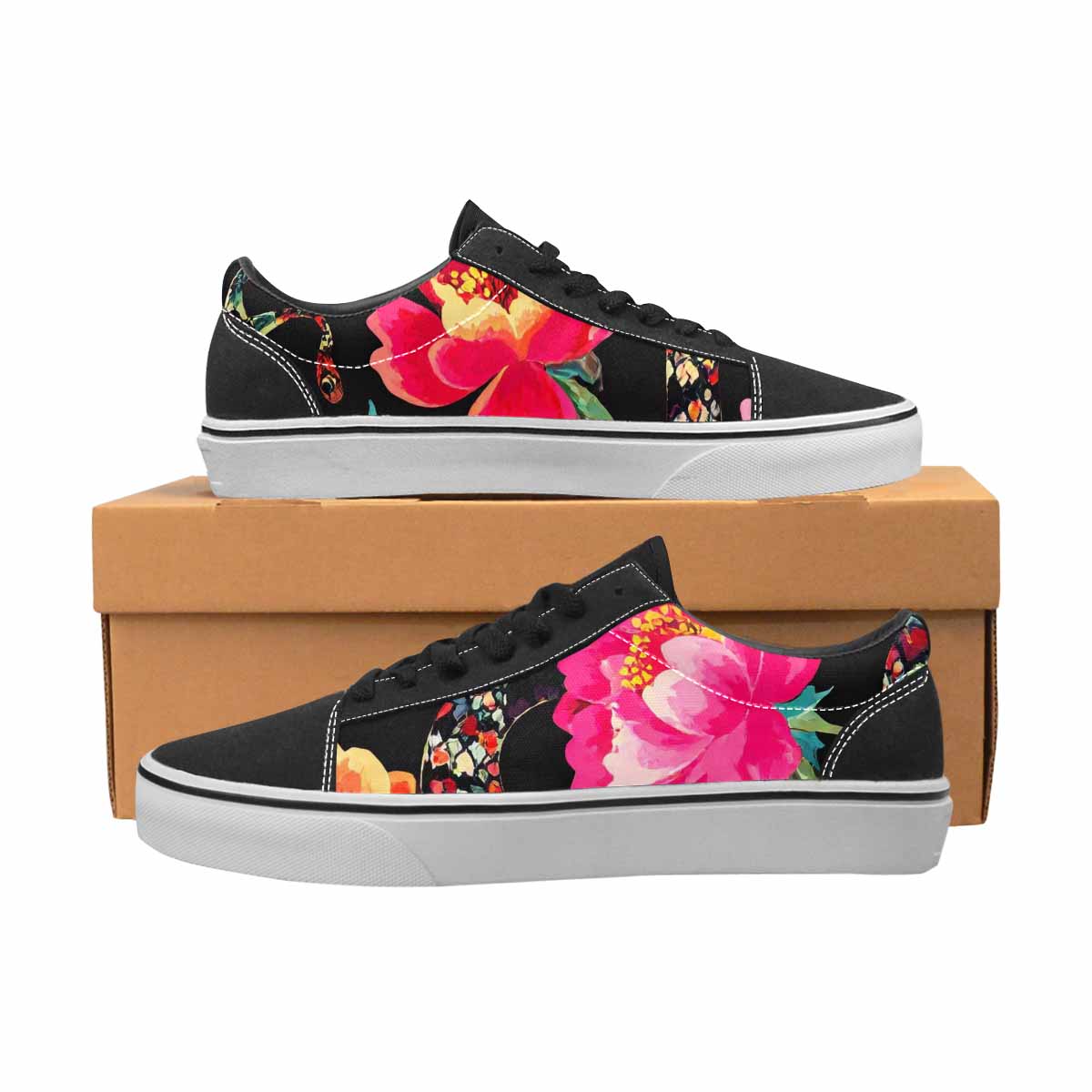 WOMEN'S Floral Snake Print Canvas Lace-Up Wallpaper Art Custom Shoes