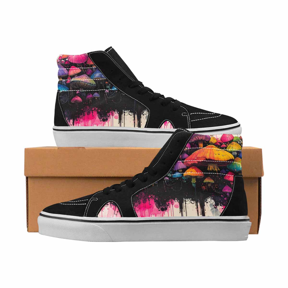 MEN'S Mushrooms Black & Pink Ink High Top Canvas Wearable Art Melting Art Customized Sneakers