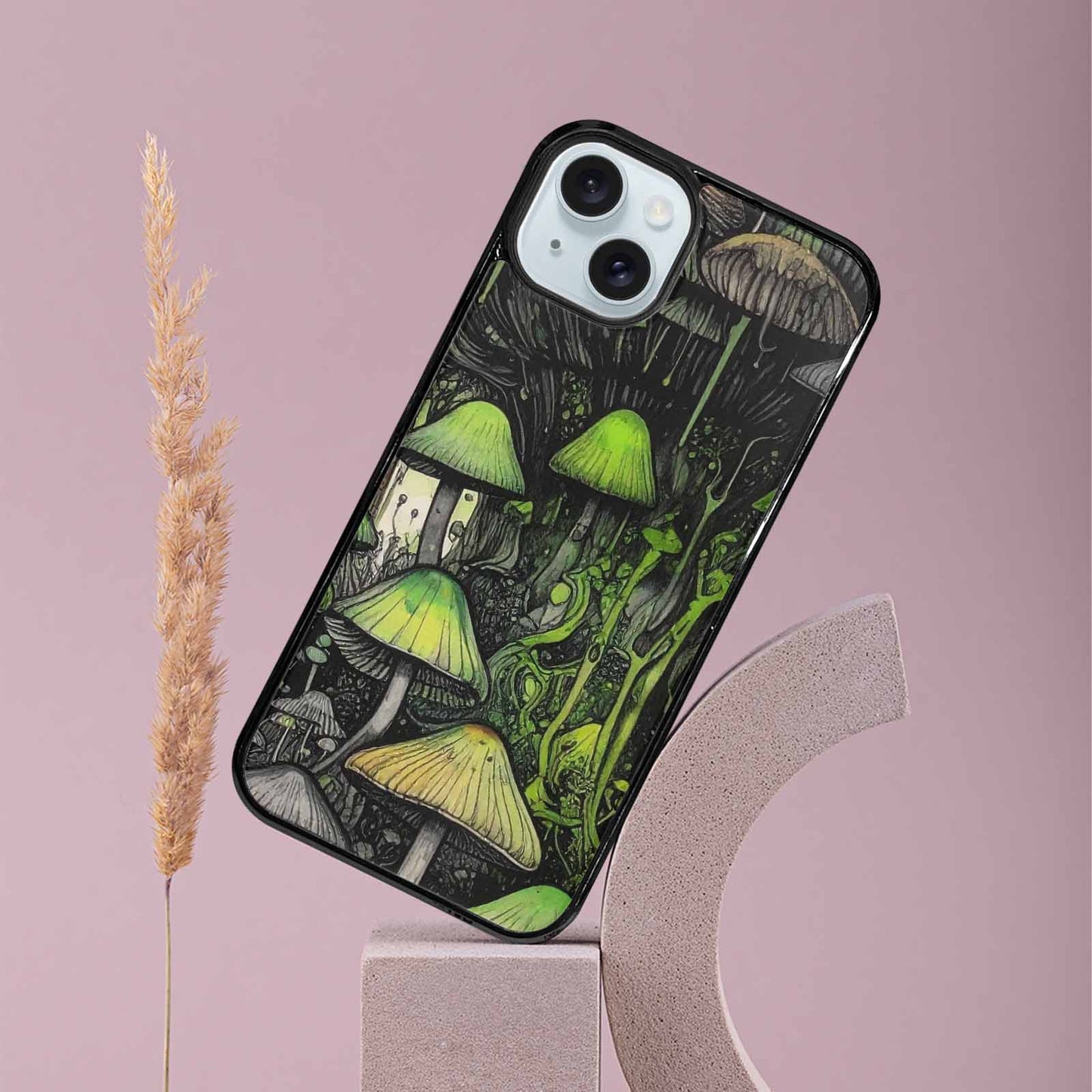 iPhone 15 Plus Case — Rainbow Drip Mushrooms Black Green Ink, Custom Printed Phone Case