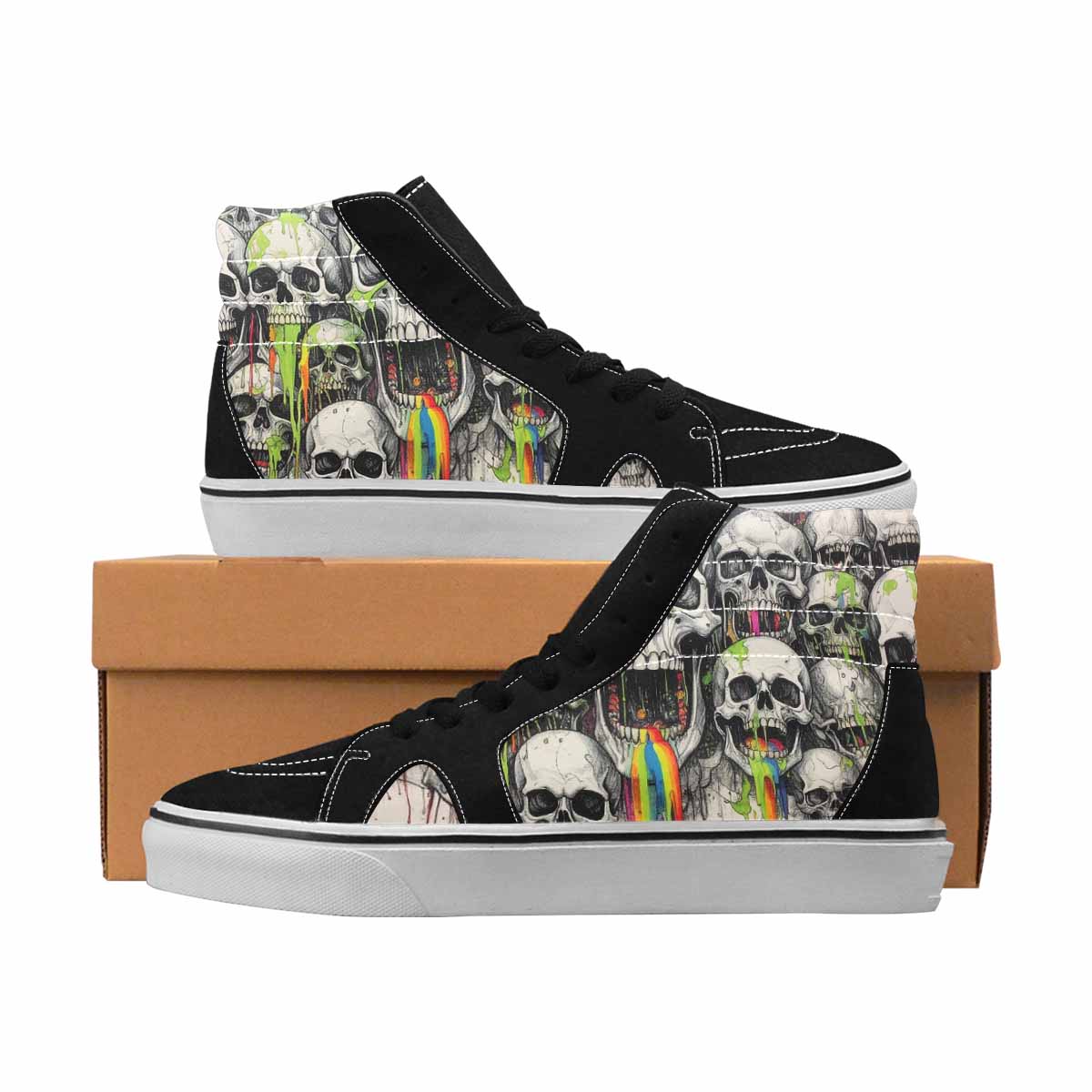 MEN'S Skulls Black & Green Ink High Top Canvas Custom Design Melting Art Custom Sneakers