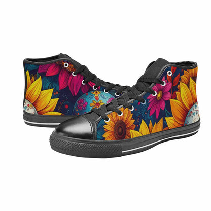 WOMEN'S Sunflower Skulls Print High Top Canvas Wallpaper Art Sneakers