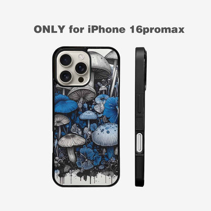 iPhone 16 Pro Max Case — Mushrooms General Black Blue Ink Mushrooms, Custom Phone Case