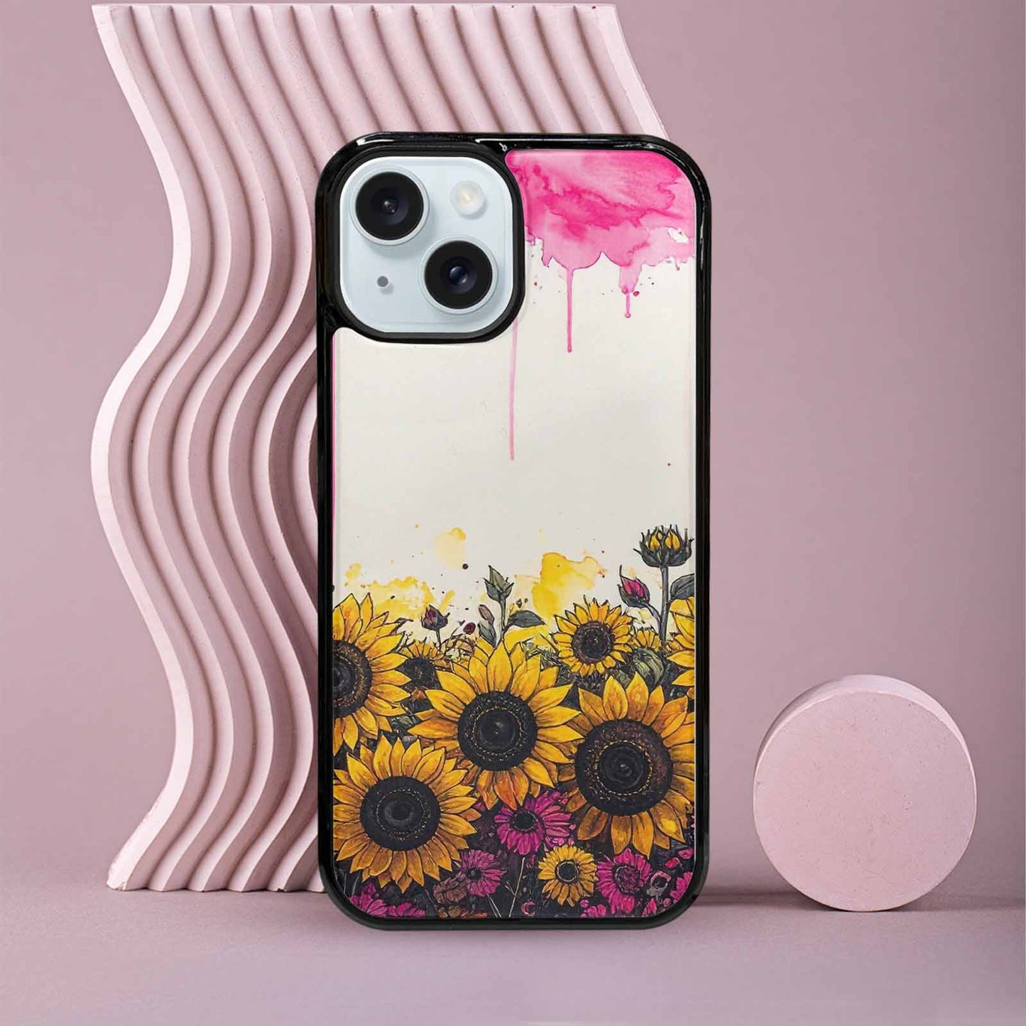 iPhone 15 Case — Sunflower Burst Black Pink Ink Sunflowers, Custom Art Phone Cover