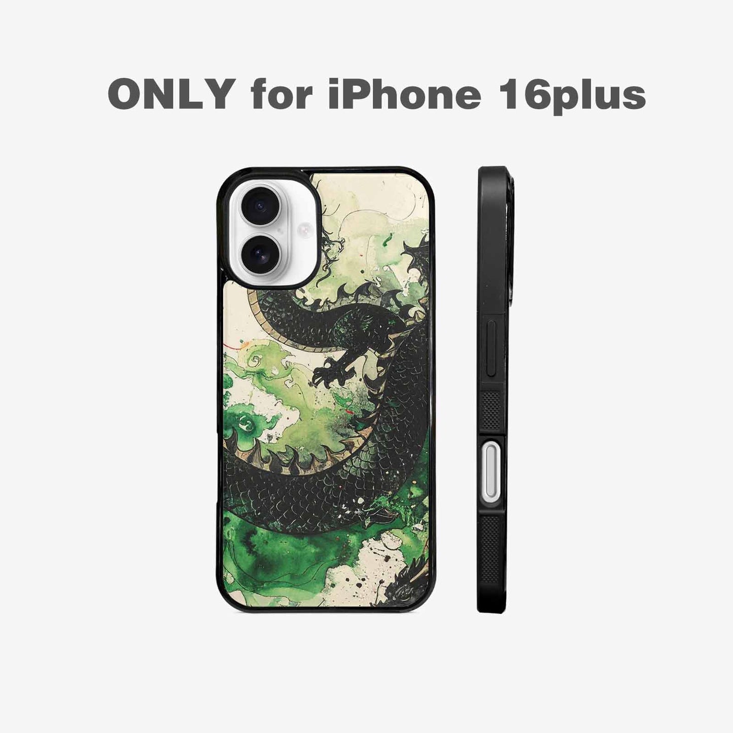 iPhone 16 Plus Case — Dragon Scale Black Green Ink Dragons, Custom Designed Case Cover