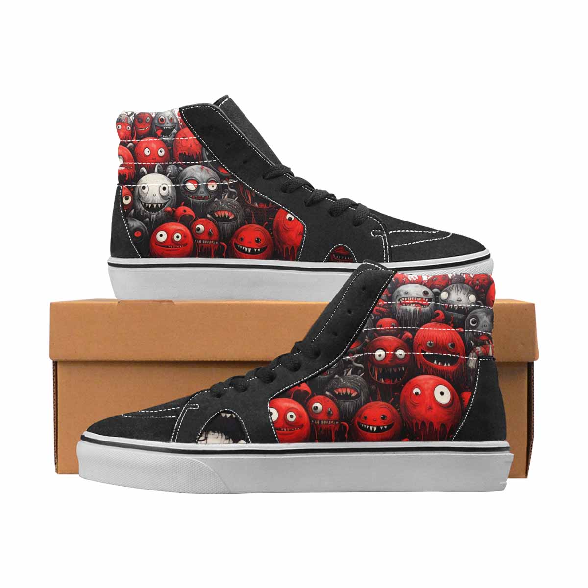WOMEN'S Monsters Black & Red Ink High Top Canvas Custom Design Grunge All Over Print Shoes