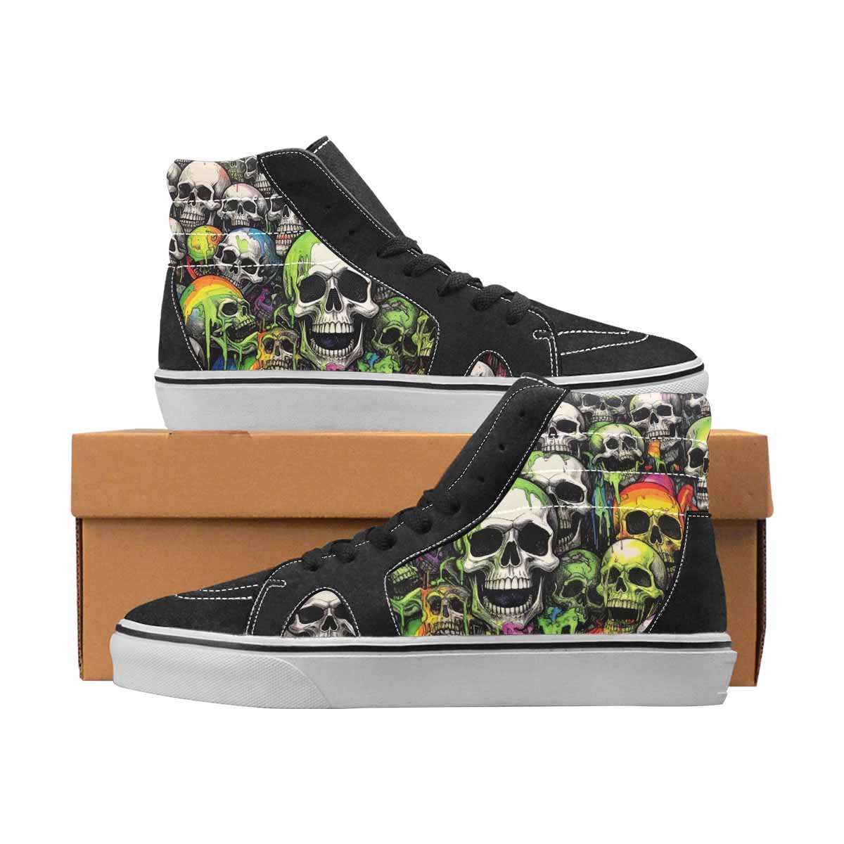 WOMEN'S Skulls Black & Green Ink High Top Canvas Custom Fashion Aesthetic Custom Art Shoes