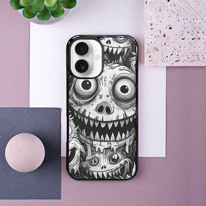 iPhone 16 Case — Black And White Monster Face Collage, Custom Printed Phone Case