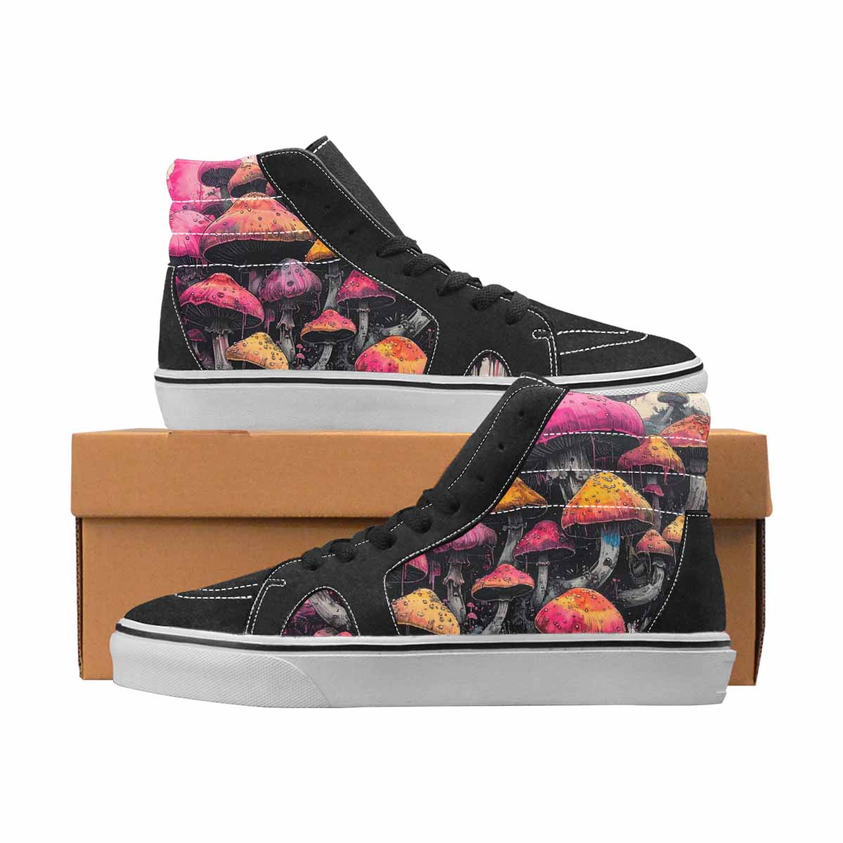 WOMEN'S Mushrooms Black & Pink Ink High Top Canvas Boutique Aesthetic Custom Shoes