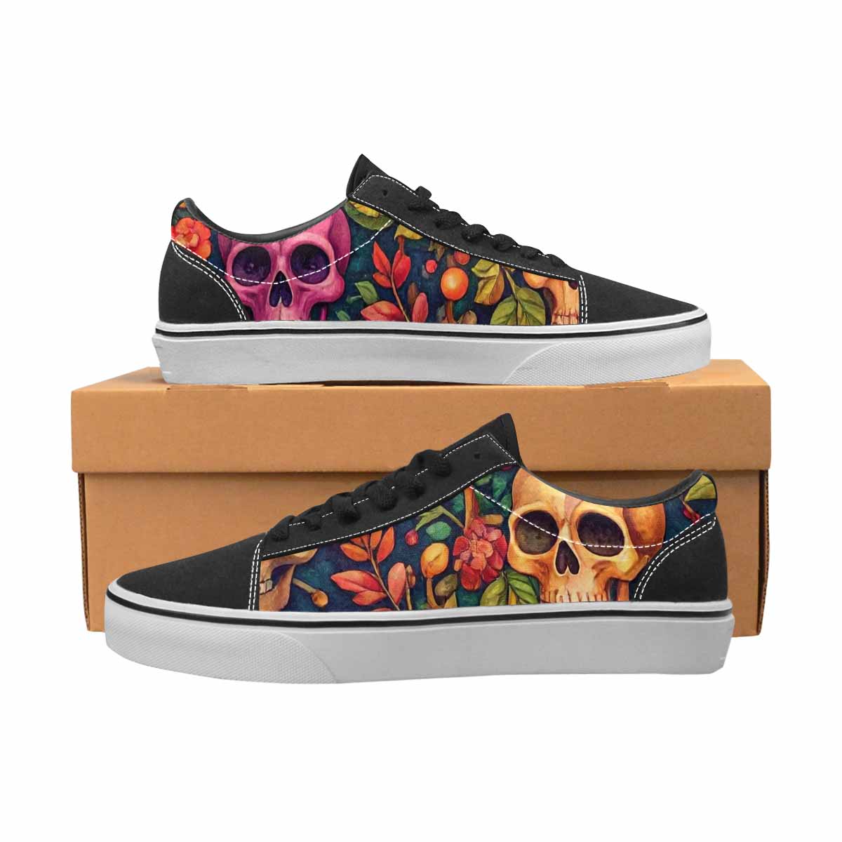 WOMEN'S Skulls  Botanical Skulls Lace-Up Canvas Vibrant Chaos Custom Sneakers