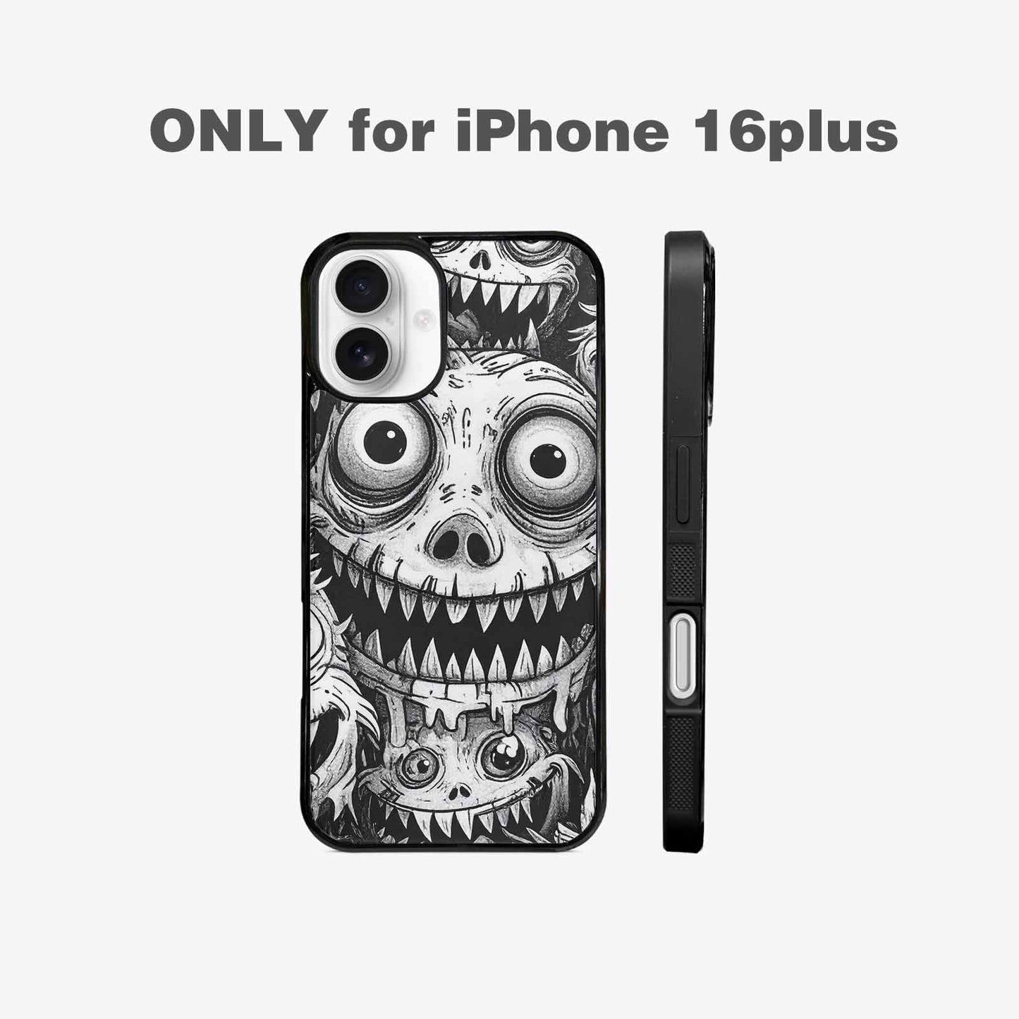 iPhone 16 Plus Case — Black And White Monster Face Collage, Custom Made Phone Cover