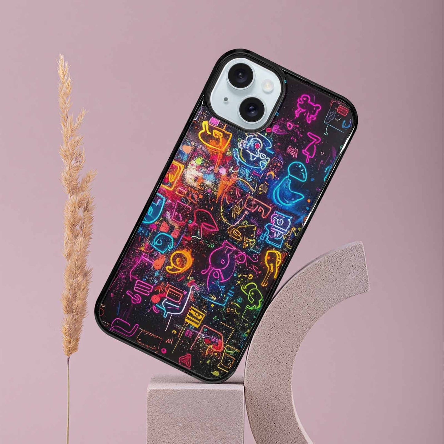 iPhone 15 Plus Case — Neon Glow Outline Icon Pattern Hundreds, Custom Made Phone Cover