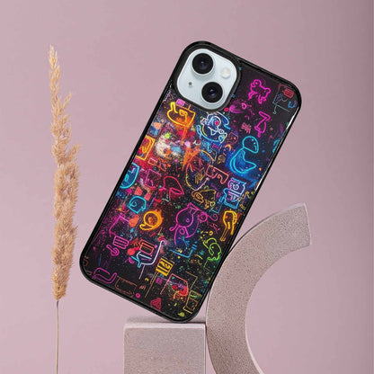 iPhone 15 Plus Case — Neon Glow Outline Icon Pattern Hundreds, Custom Made Phone Cover