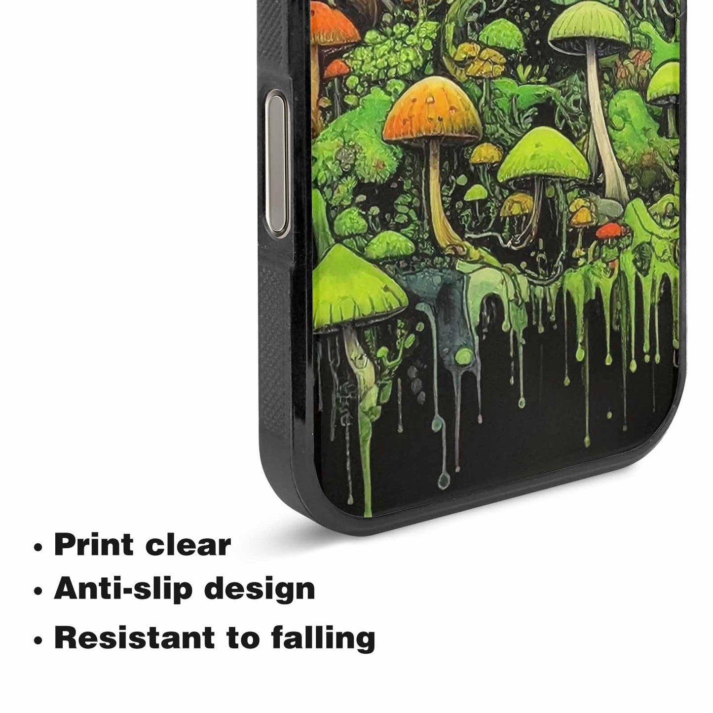 iPhone 16 Pro Max Case — Rainbow Drip Mushrooms Black Green Ink, Original Design Phone Case