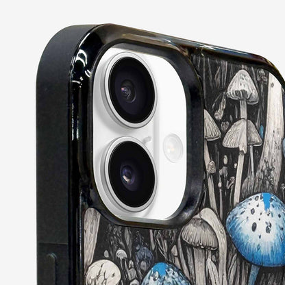 iPhone 16 Plus Case — Mushrooms General Black Blue Ink Mushrooms, Customized Protective Case