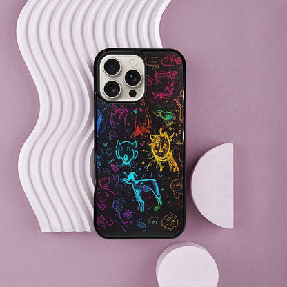 iPhone 16 Pro Max Case — Neon Glow Outline Icon Pattern Hundreds, Customized Protective Case