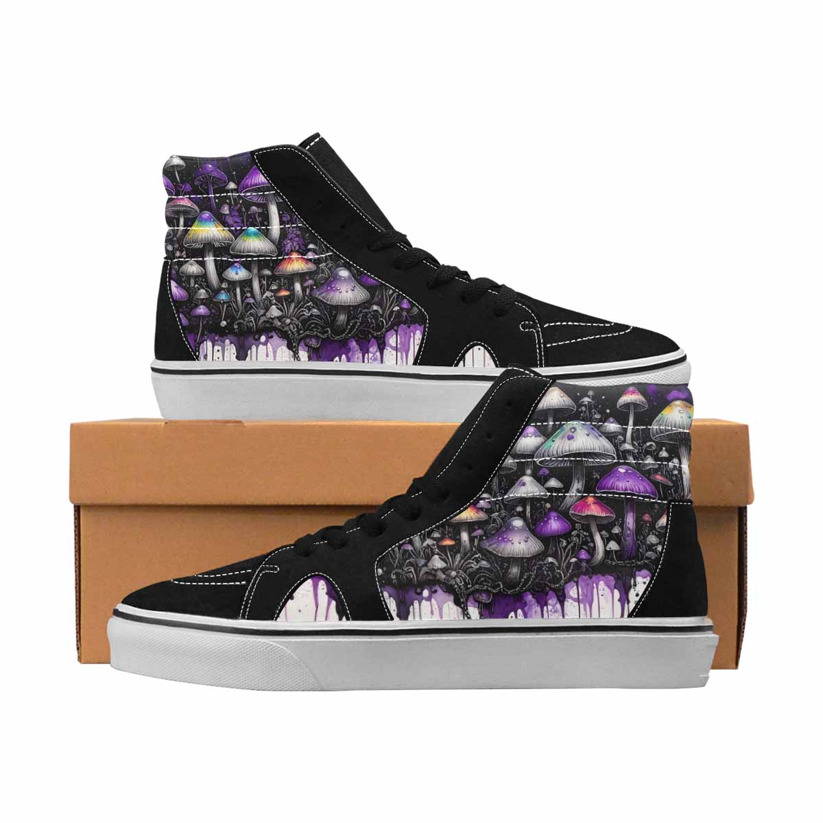 MEN'S Mushrooms Black & Purple Ink High Top Canvas Wearable Art Neon Fantasy Original Art Sneakers