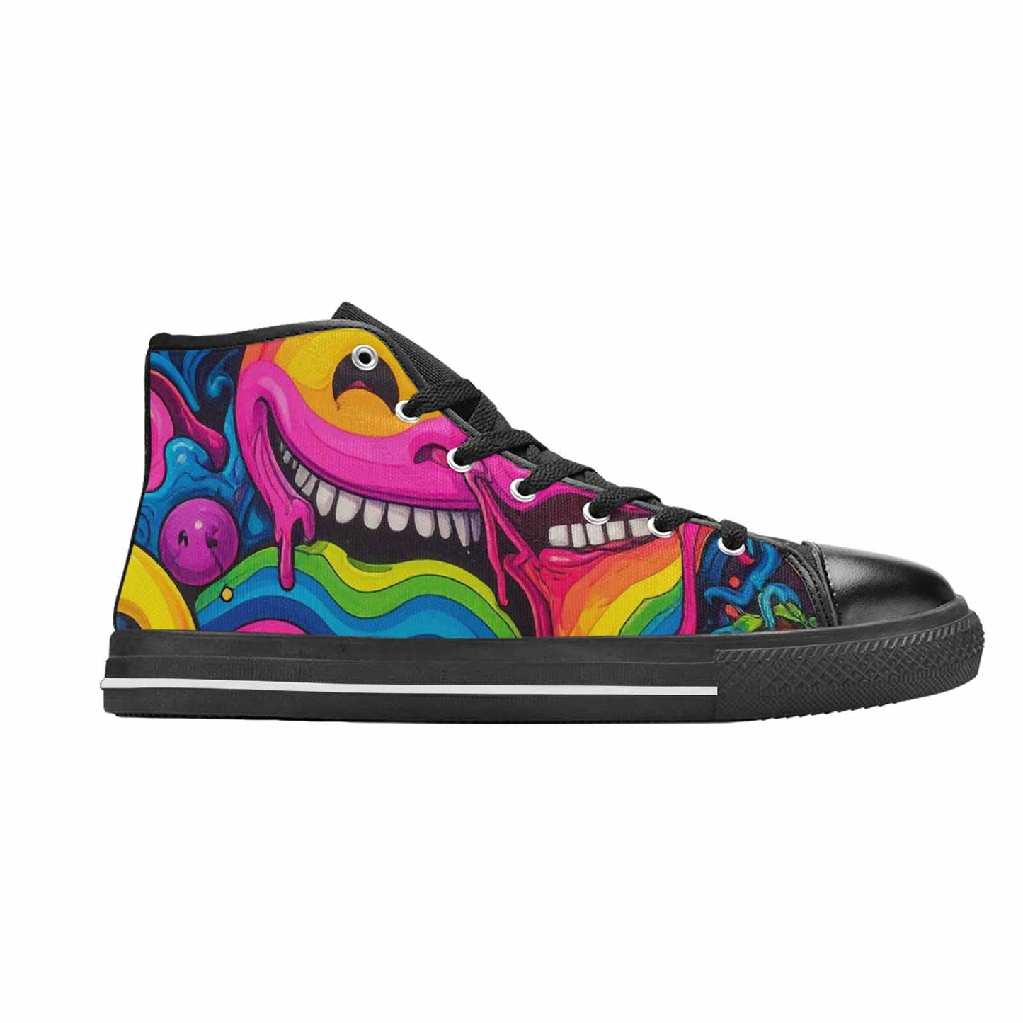 MEN'S Yellow Smiley Face High Top Canvas Grunge Custom Sneakers