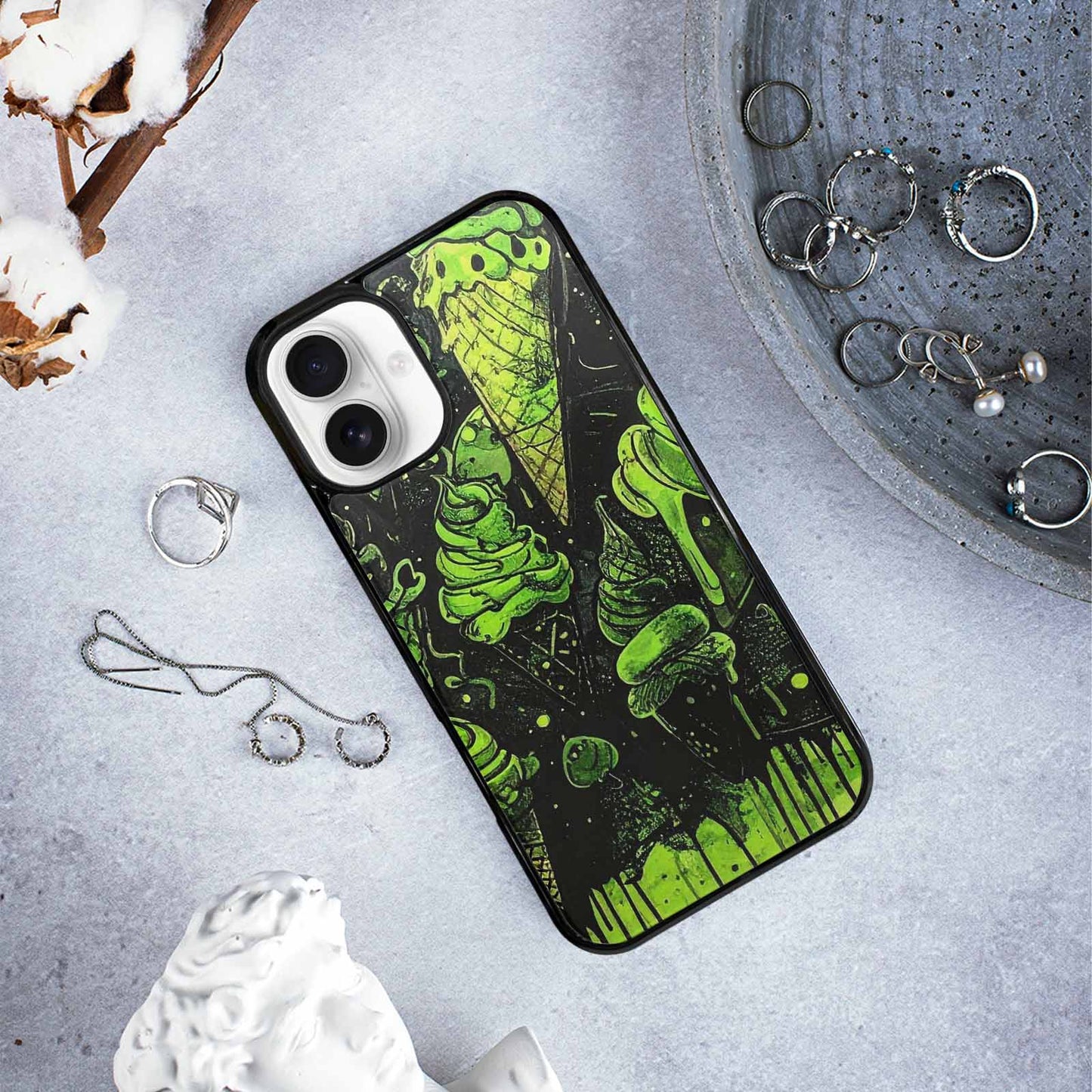 iPhone 16 Plus Case — Ice Cream Motif Black Green Ink, Custom Phone Case