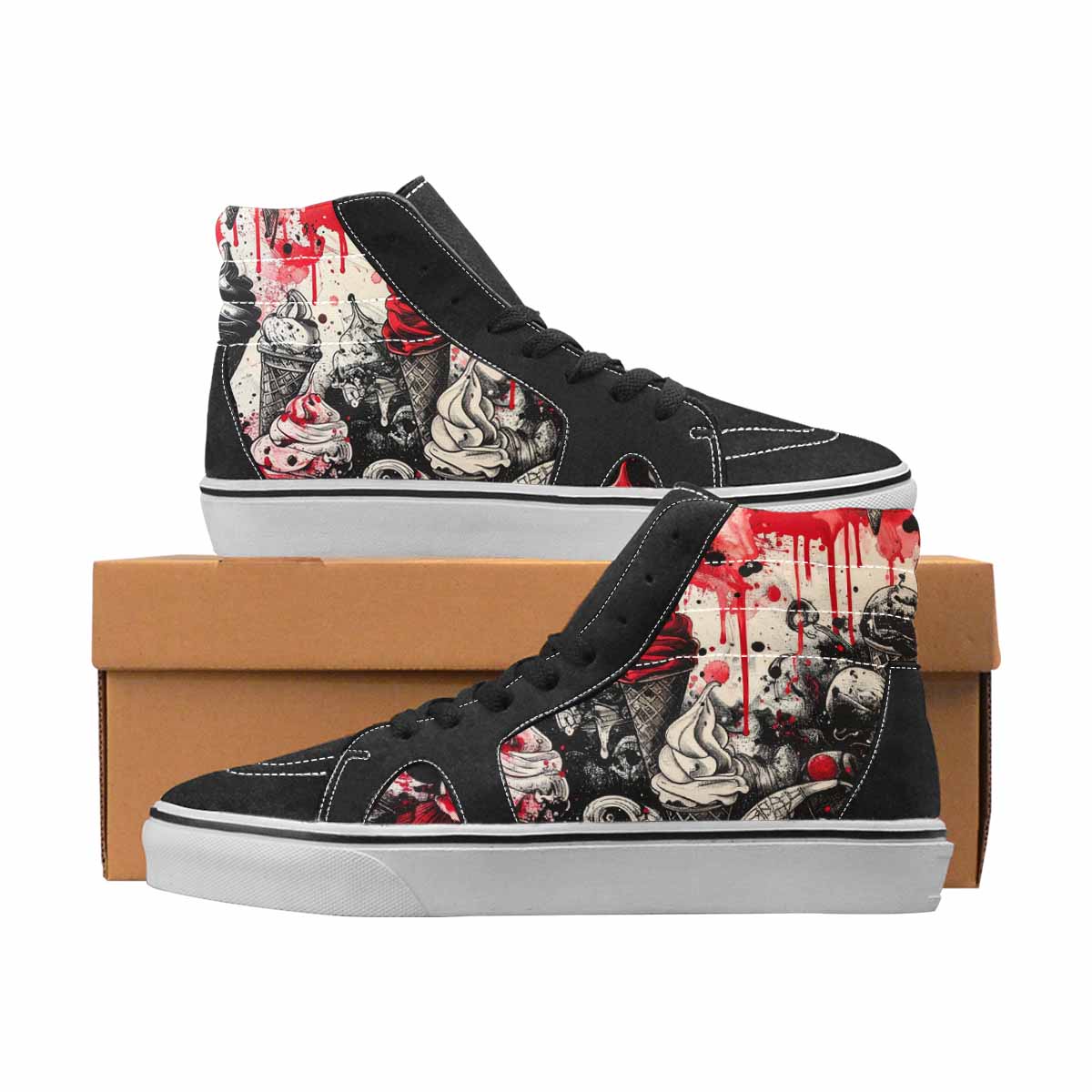 WOMEN'S Ice Cream Black & Red Ink High Top Canvas Custom Fashion Melting Art Sneakers