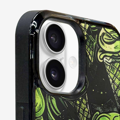 iPhone 16 Case — Ice Cream Motif Black Green Ink, Custom Printed Phone Case