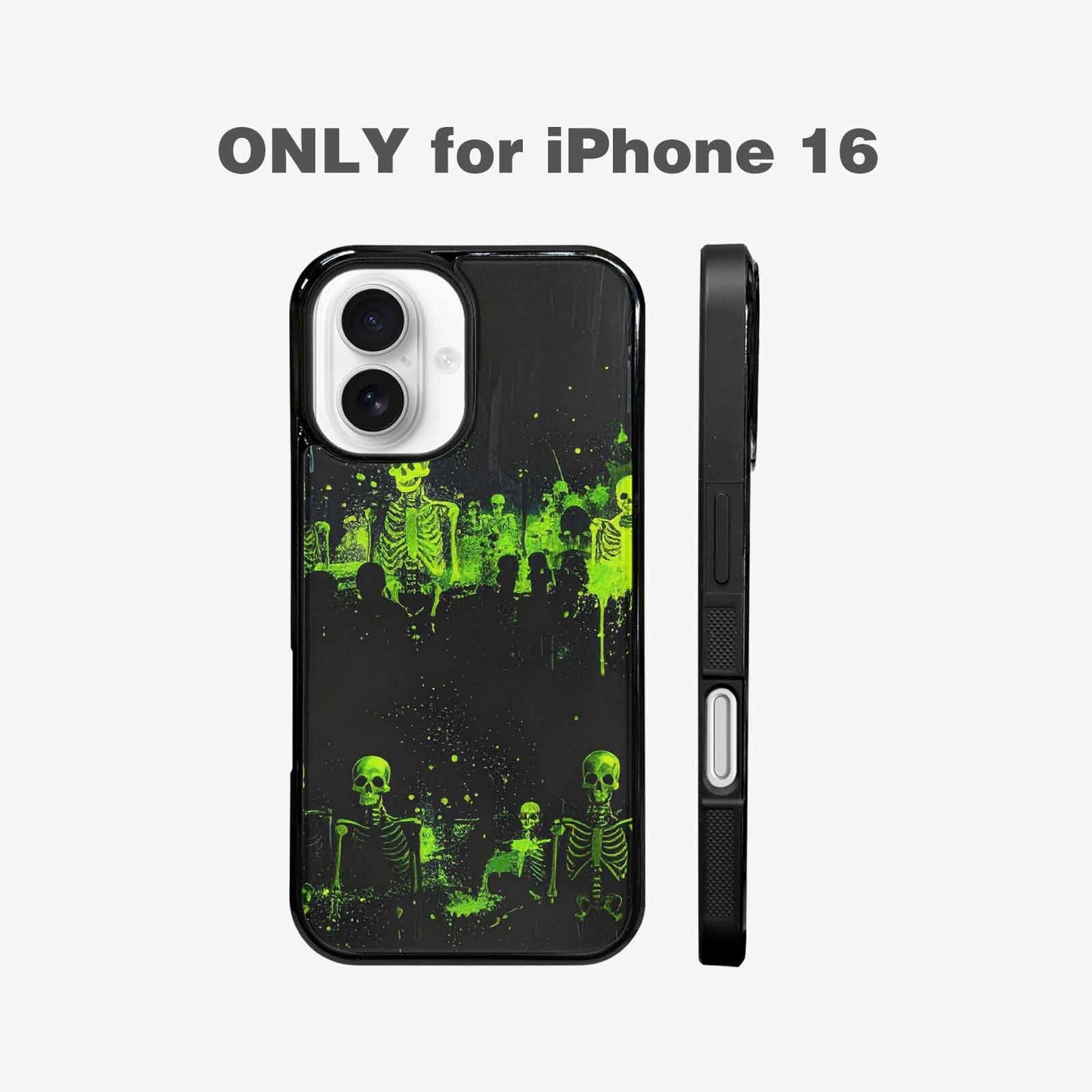 iPhone 16 Case — Skeletons Neon Green Glow Skeletons Pattern, Unique Phone Case Design