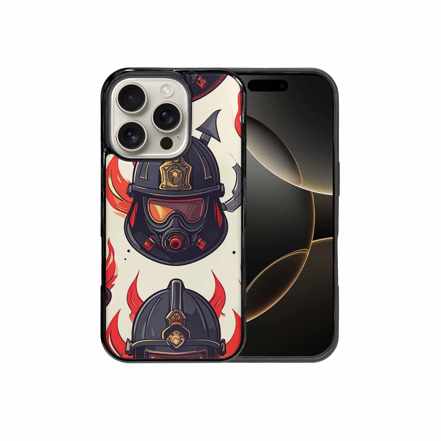 iPhone 16 Pro Case — Firefighter Pattern Flames Axes Helmets Seamless, Custom Phone Case