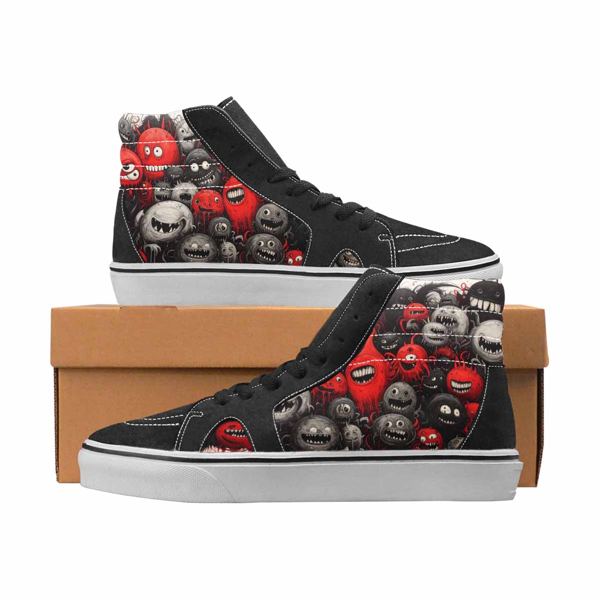 WOMEN'S Monsters Black & Red Ink High Top Canvas Custom Design Grunge Custom Streetwear Shoes