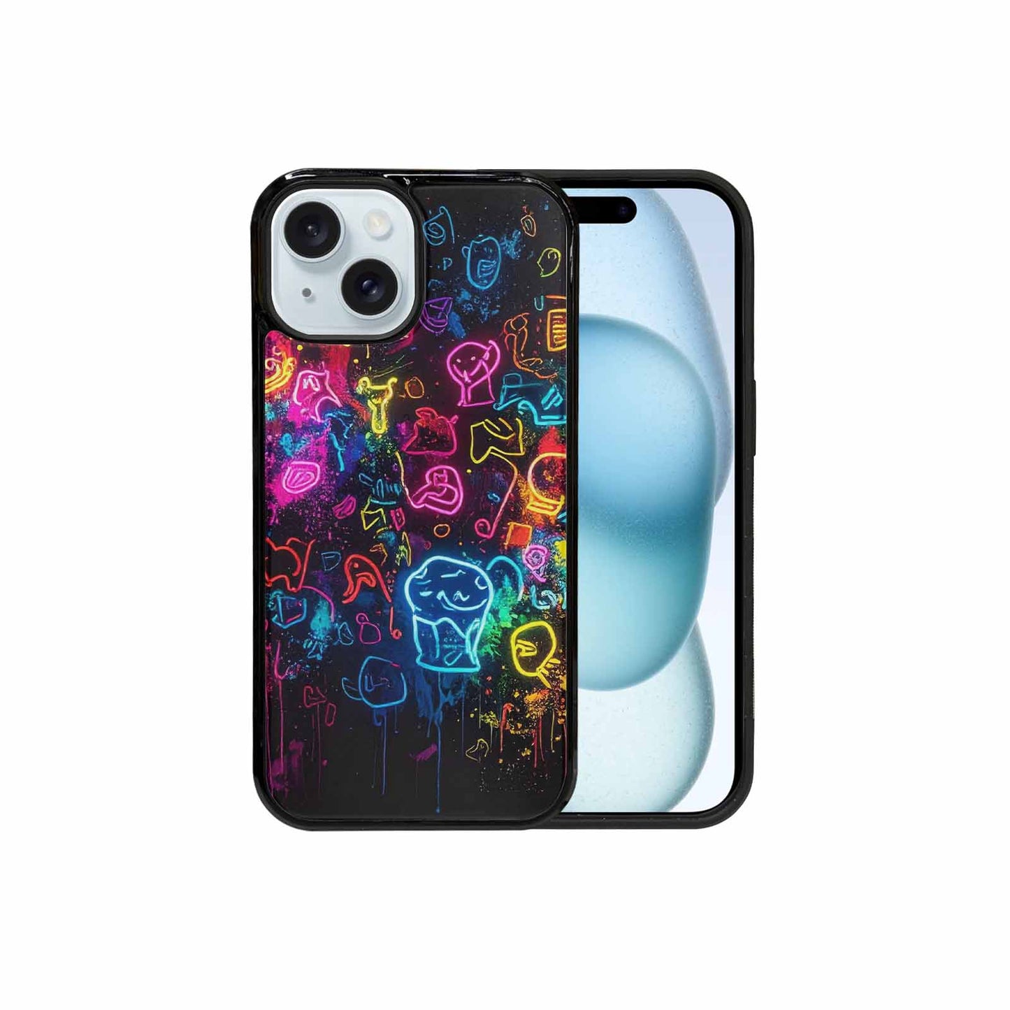 iPhone 15 Case — Neon Glow Outline Icon Pattern Hundreds, Unique Phone Case Design