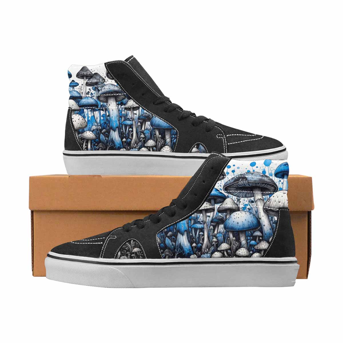 WOMEN'S Mushrooms Black & Blue Ink High Top Canvas Wearable Art Vivid All Over Print Shoes