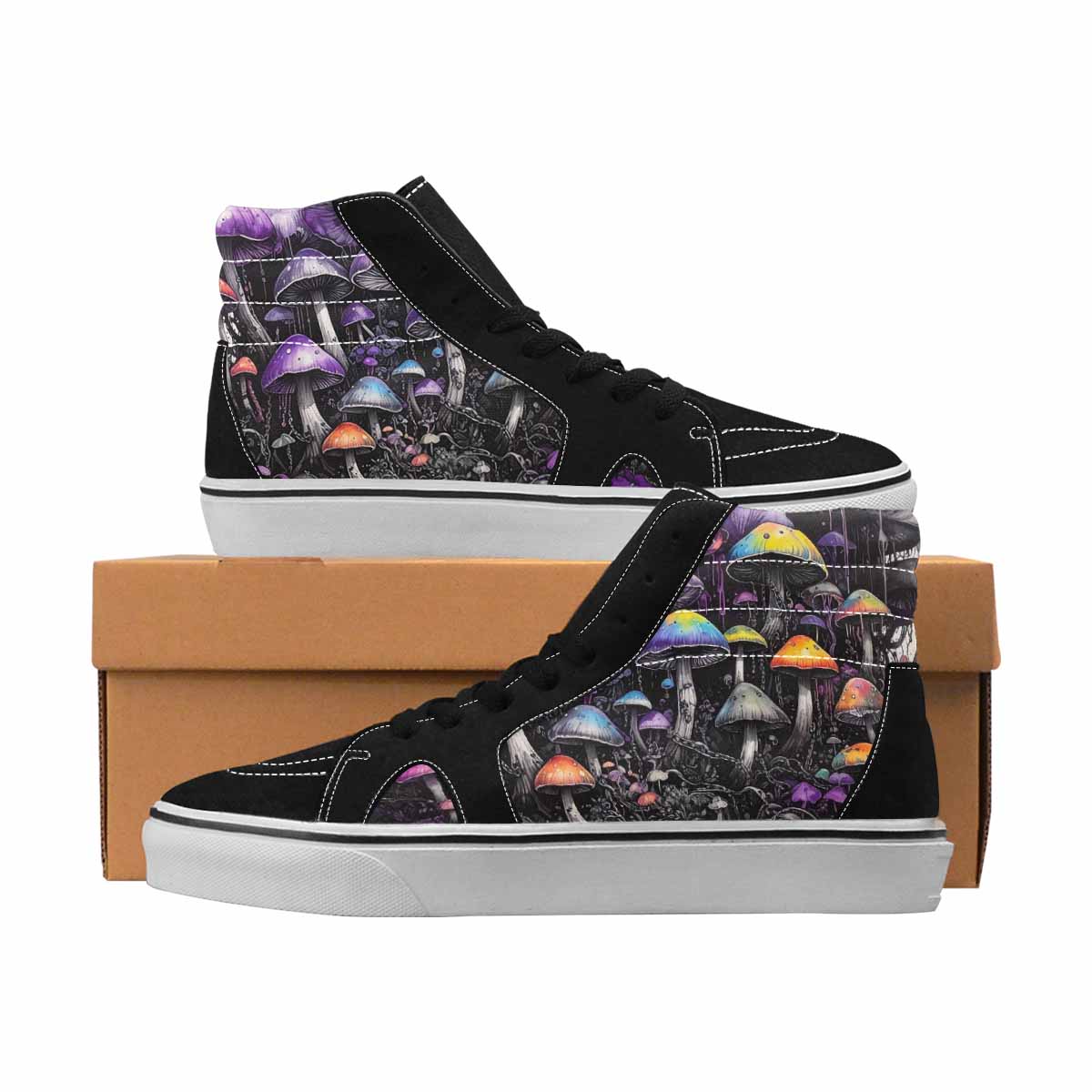 MEN'S Mushrooms Black & Purple Ink High Top Canvas Streetwear Neon Fantasy Custom Canvas Shoes