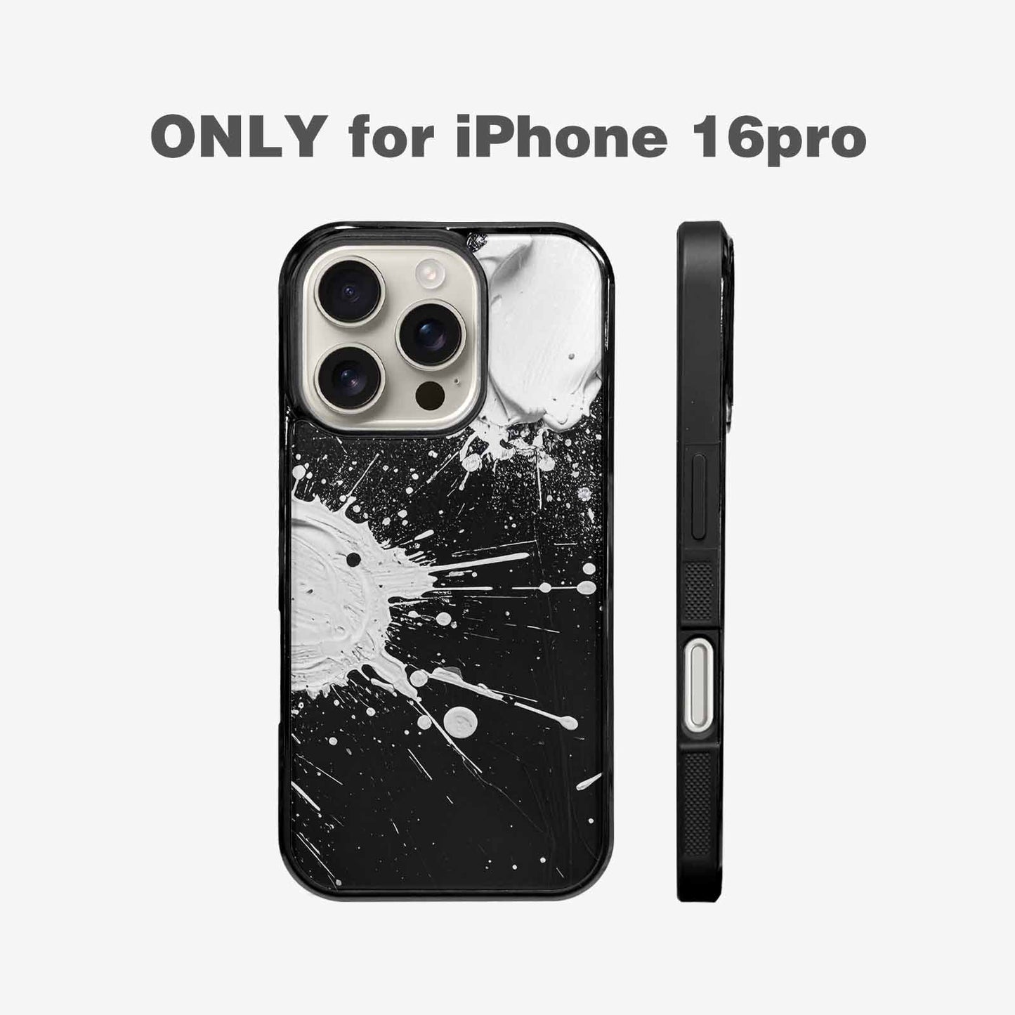 iPhone 16 Pro Case — White Ink Splatter Texture On Black, Personalized Phone Case