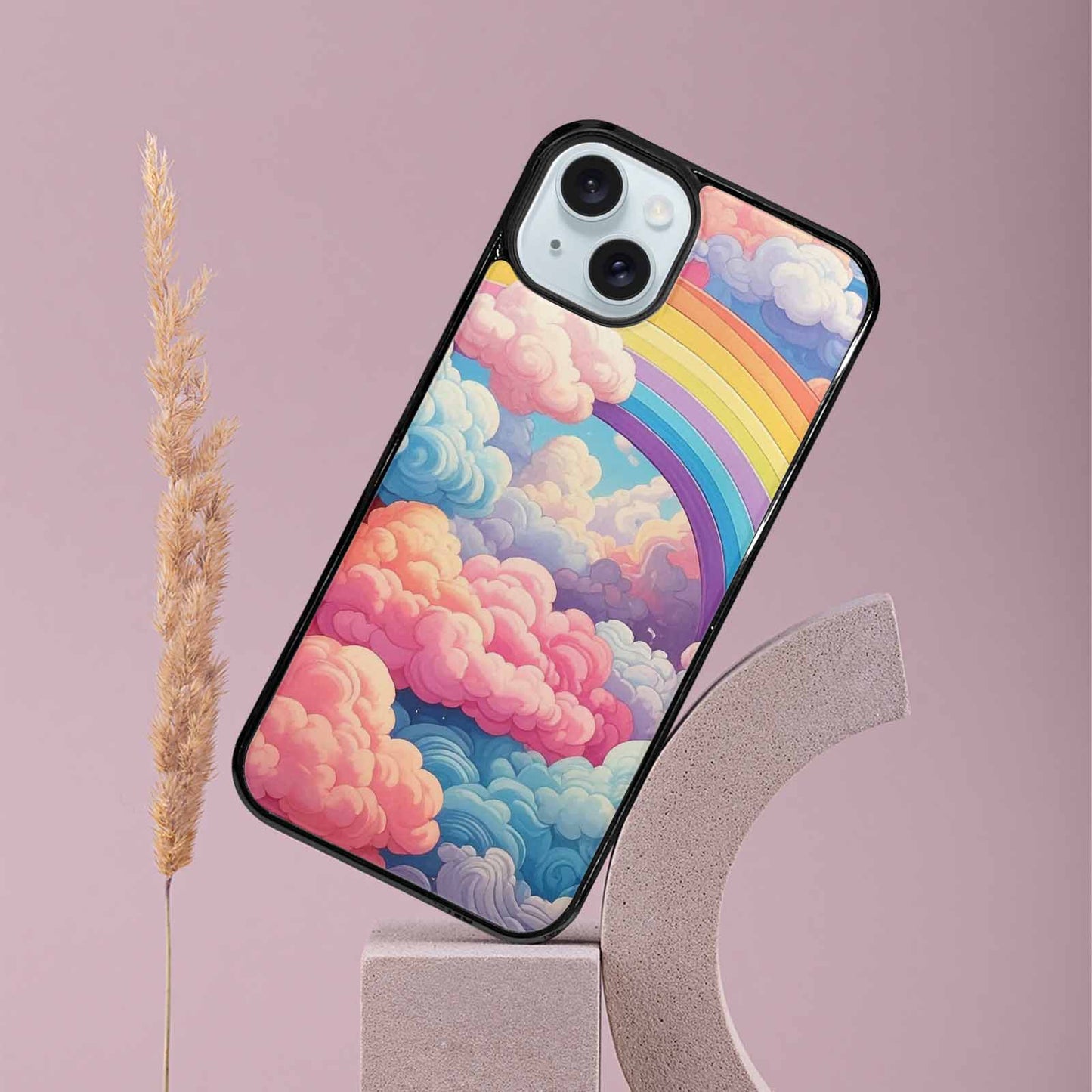 iPhone 15 Plus Case — Cloud And Rainbow Burst Pattern Hundreds, Customized Protective Case