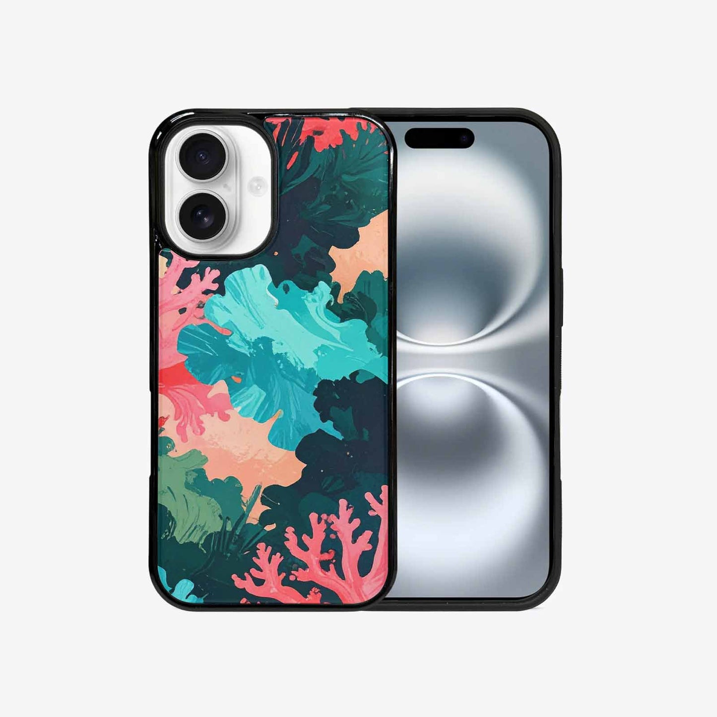 iPhone 16 Case — Camo Coral Turquoise, Custom Art Phone Cover