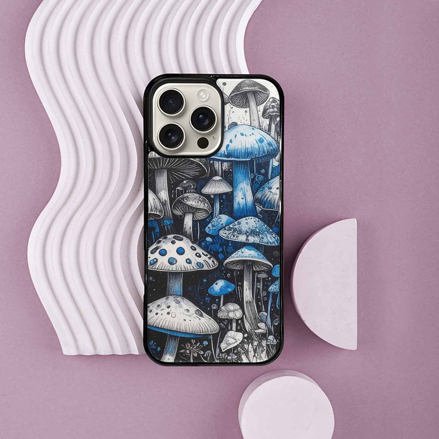 iPhone 16 Pro Max Case — Mushrooms General Black Blue Ink Mushrooms, Custom Art Phone Cover