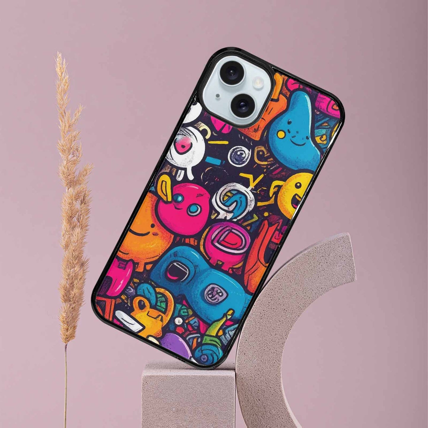 iPhone 15 Plus Case — Hand Drawn Icon Doodle Pattern Hundreds, Unique Phone Case Design