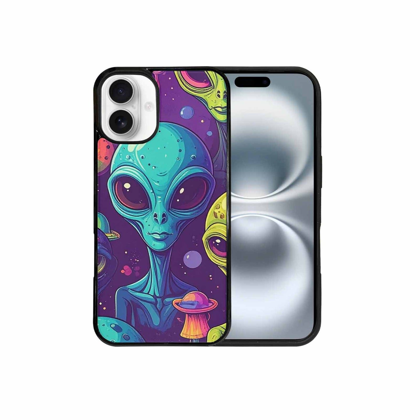 iPhone 16 Plus Case — Alien Ufo Cartoon Art Pattern Groovy, Personalized Phone Case