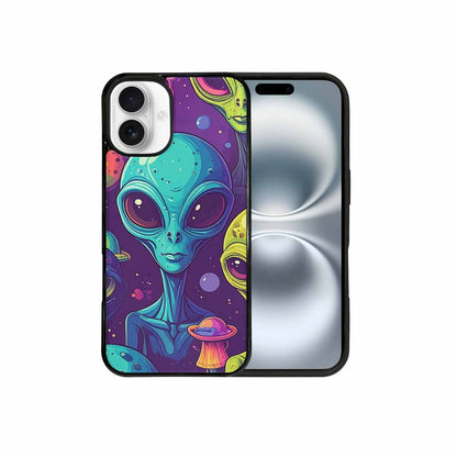 iPhone 16 Plus Case — Alien Ufo Cartoon Art Pattern Groovy, Personalized Phone Case