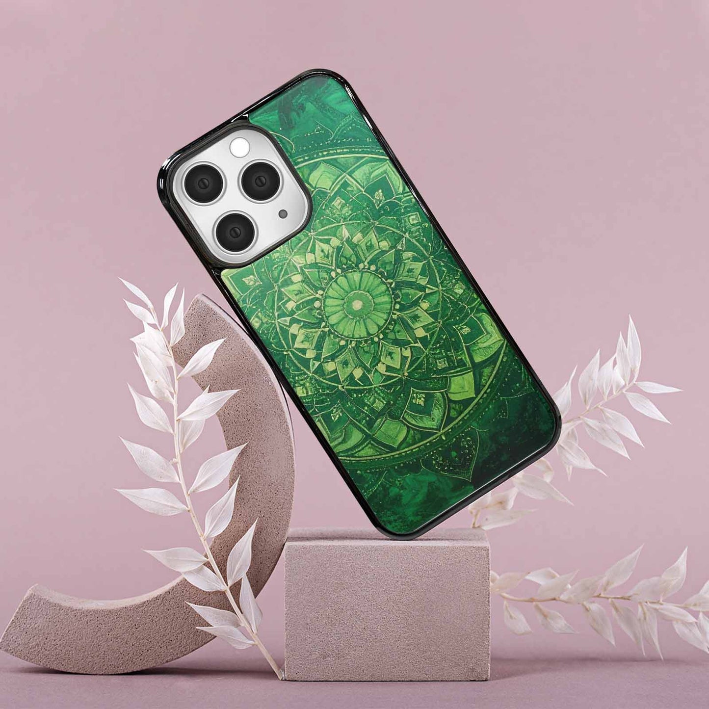 iPhone 15 Pro Max Case — Green Mandala Bohemian Print Edge To, Unique Phone Case Design