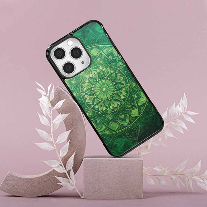 iPhone 15 Pro Max Case — Green Mandala Bohemian Print Edge To, Unique Phone Case Design