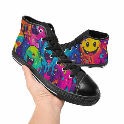 MEN'S Yellow Smiley Face High Top Canvas Grunge Custom Shoes