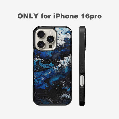 iPhone 16 Pro Case — Nautical Wave Black Blue Ink Wave, Original Design Phone Case