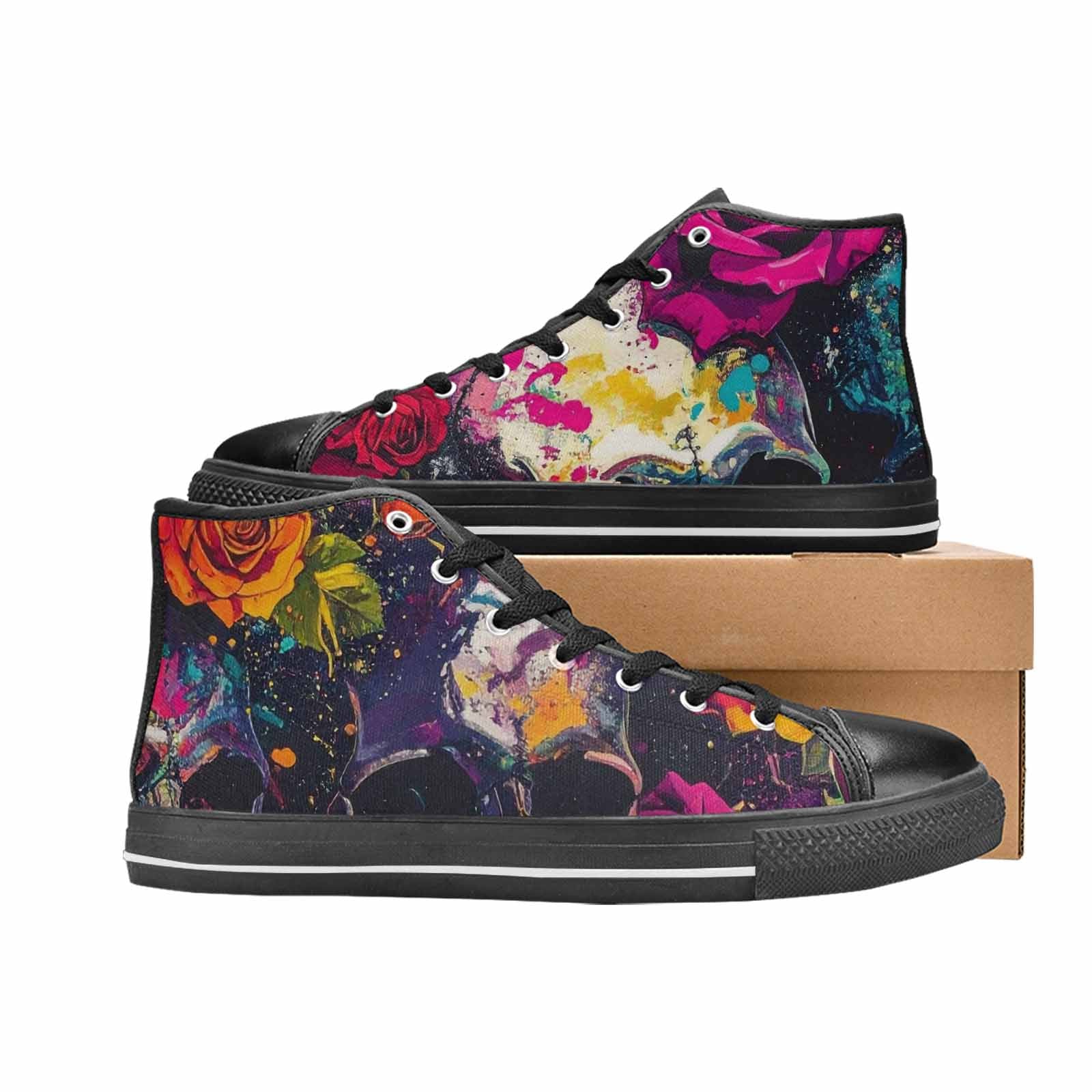 WOMEN'S Skulls Roses Acid Wash High Top Canvas Neon Fantasy Custom Sneakers