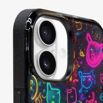 iPhone 16 Case — Neon Glow Outline Icon Pattern Hundreds, Custom Printed Phone Case